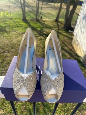 Stuart Weitzman Champagne Beaded Peep-Toe Heels